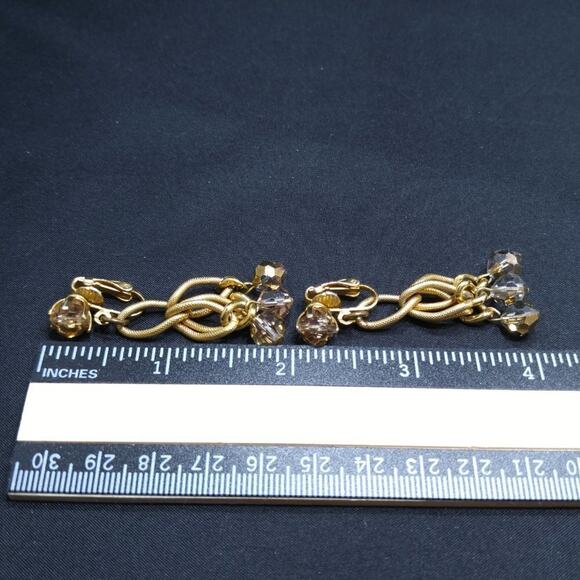 Vintage Crystal Beaded Earrings, Gold Metallic Clear Beads,  2 Inches - Picture 6 of 10
